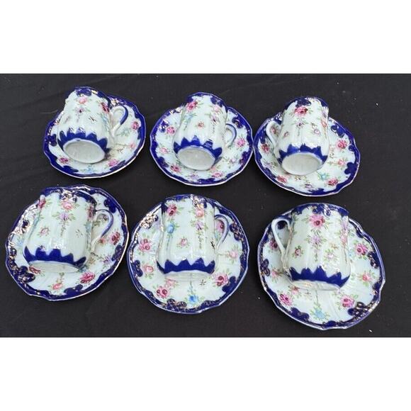 ANTIQUE Cobalt Flow Blue Gold Trim Hand Painted Floral DEMITASSE CUPS SAUCER -S1